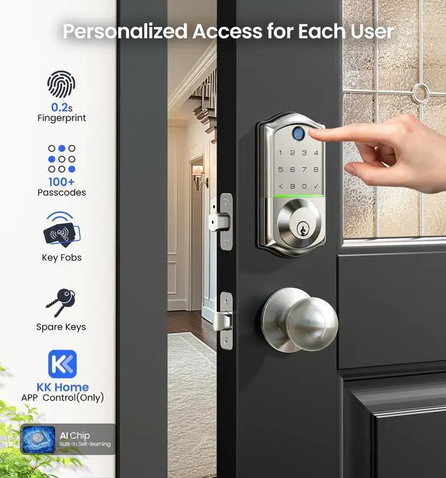 Alt view image 3 of 7 - Fingerprint Smart Door Lock, App Control, 8-in-1 Keyless Entry, Auto Lock, Emergency Power Port, Electronic Touchscreen Keypad, Biometric Smart Locks for Front Door, Satin Nickel