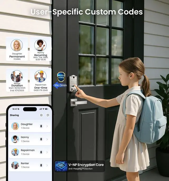 Alt view image 4 of 7 - Fingerprint Smart Door Lock, App Control, 8-in-1 Keyless Entry, Auto Lock, Emergency Power Port, Electronic Touchscreen Keypad, Biometric Smart Locks for Front Door, Satin Nickel
