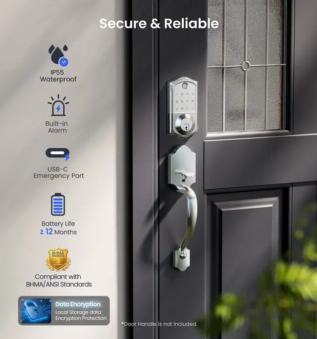 Alt view image 5 of 7 - Fingerprint Smart Door Lock, App Control, 8-in-1 Keyless Entry, Auto Lock, Emergency Power Port, Electronic Touchscreen Keypad, Biometric Smart Locks for Front Door, Satin Nickel