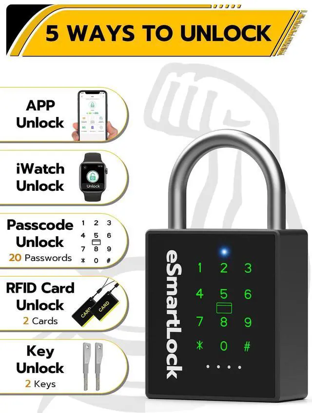 Alt view image 2 of 7 - Heavy Duty Smart Padlock, Gate Lock Padlock with Key Code and RFID, Outdoor Weatherproof Biometric Digital Lock for Gate, Sheds, Fence, Garage, Locker, Storage Unit