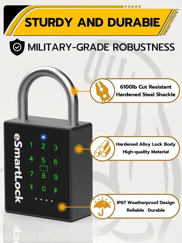 Alt view image 3 of 7 - Heavy Duty Smart Padlock, Gate Lock Padlock with Key Code and RFID, Outdoor Weatherproof Biometric Digital Lock for Gate, Sheds, Fence, Garage, Locker, Storage Unit