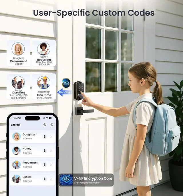 Alt view image 4 of 7 - Fingerprint Smart Door Lock, App Control, 8-in-1 Keyless Entry, Auto Lock, Emergency Power Port, Electronic Touchscreen Keypad, Biometric Smart Locks for Front Door, Matte Black