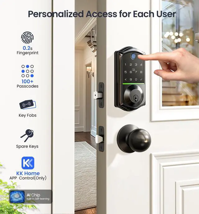 Alt view image 3 of 7 - Fingerprint Smart Door Lock, App Control, 8-in-1 Keyless Entry, Auto Lock, Emergency Power Port, Electronic Touchscreen Keypad, Biometric Smart Locks for Front Door, Matte Black