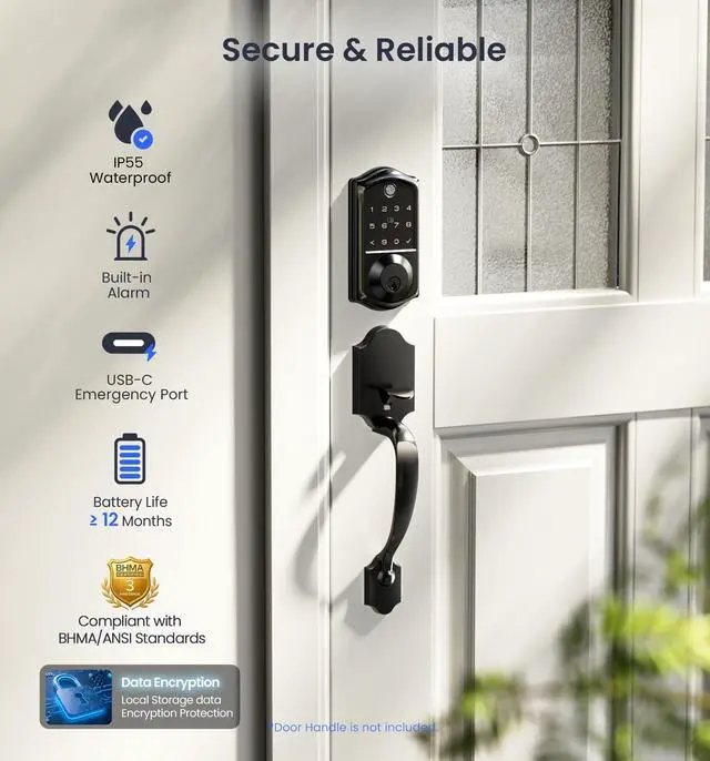 Alt view image 5 of 7 - Fingerprint Smart Door Lock, App Control, 8-in-1 Keyless Entry, Auto Lock, Emergency Power Port, Electronic Touchscreen Keypad, Biometric Smart Locks for Front Door, Matte Black