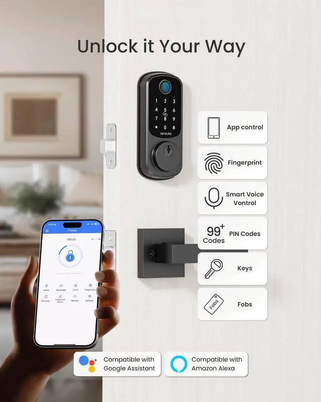 Alt view image 2 of 7 - B200 Fingerprint Smart Lock with 2 Lever Handles, Keyless Entry Front Door Lock Set, Electronic Keypad Deadbolt, App Control, Auto Lock, Long Battery Life, Secure Home Access