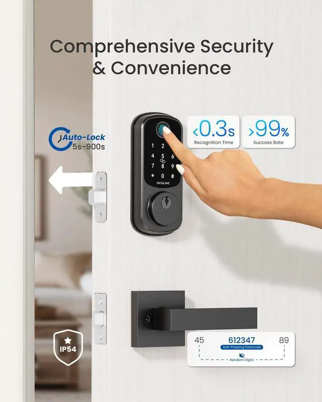 Alt view image 4 of 7 - B200 Fingerprint Smart Lock with 2 Lever Handles, Keyless Entry Front Door Lock Set, Electronic Keypad Deadbolt, App Control, Auto Lock, Long Battery Life, Secure Home Access