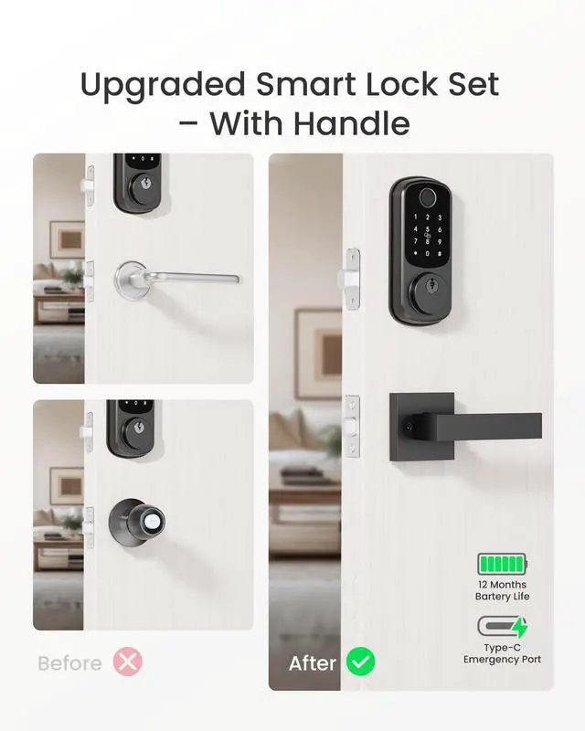 Alt view image 3 of 7 - B200 Fingerprint Smart Lock with 2 Lever Handles, Keyless Entry Front Door Lock Set, Electronic Keypad Deadbolt, App Control, Auto Lock, Long Battery Life, Secure Home Access