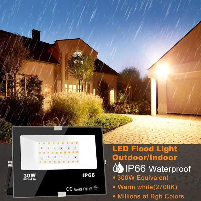 Alt view image 2 of 7 - LED Flood Light Outdoor 30W, 300W Equivalent 3000LM Smart RGB Landscape Lighting with APP Control, DIY Scenes -Timing - Warm White 2700K -Color Changing Uplight, IP66, US Plug, No Remote (4 Pack)