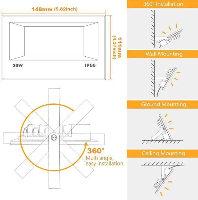 Alt view image 7 of 7 - LED Flood Light Outdoor 30W, 300W Equivalent 3000LM Smart RGB Landscape Lighting with APP Control, DIY Scenes -Timing - Warm White 2700K -Color Changing Uplight, IP66, US Plug, No Remote (4 Pack)