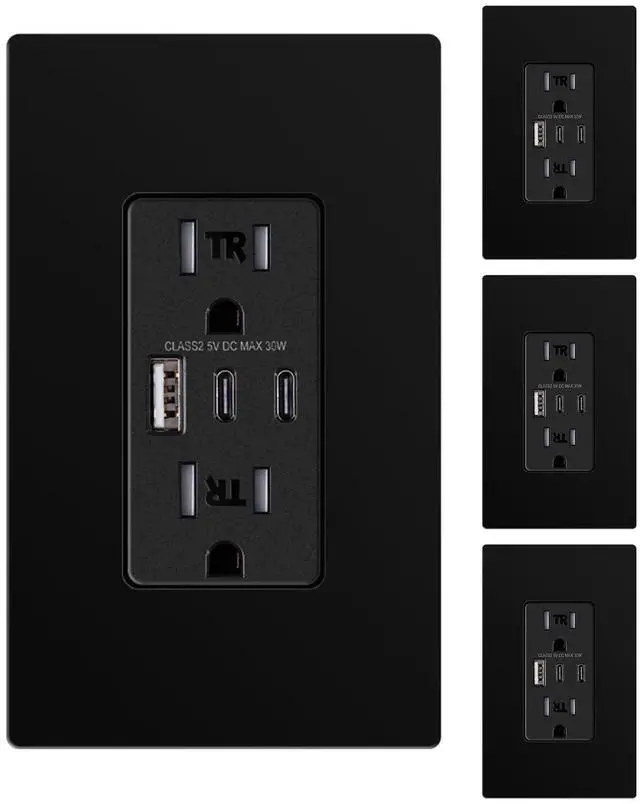 Main image of USB Outlet, 3 USB Ports Receptacles(30W 6Amp), 2 Type C & 1 USB A Port, 15 Amp TR Tamper-Resistant Wall Outlets, Screwless Wall Plate Included, Charger Outlets, ETL Listed, Black 4 Pack