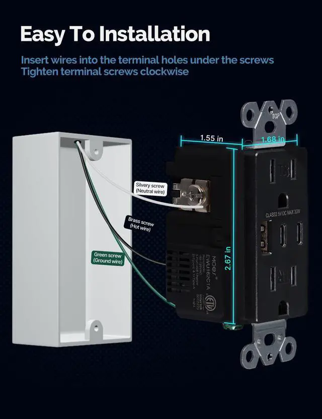 Alt view image 6 of 6 - USB Outlet, 3 USB Ports Receptacles(30W 6Amp), 2 Type C & 1 USB A Port, 15 Amp TR Tamper-Resistant Wall Outlets, Screwless Wall Plate Included, Charger Outlets, ETL Listed, Black 4 Pack