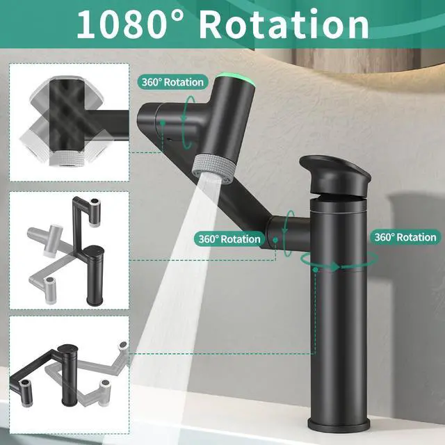 Alt view image 2 of 7 - Modern Bathroom Faucet 1 Hole with Temperature Display(Batteries-Free), 1080° Rotatable Single Hole Bathroom Faucet, Single Handle Bathroom Vanity Faucets, 2 Spray Modes (Matte Black)