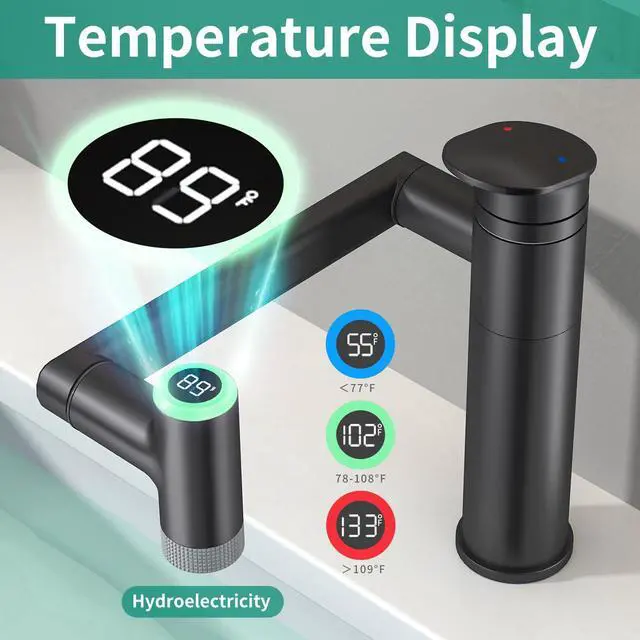 Alt view image 3 of 7 - Modern Bathroom Faucet 1 Hole with Temperature Display(Batteries-Free), 1080° Rotatable Single Hole Bathroom Faucet, Single Handle Bathroom Vanity Faucets, 2 Spray Modes (Matte Black)