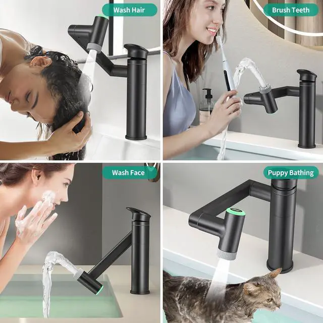 Alt view image 4 of 7 - Modern Bathroom Faucet 1 Hole with Temperature Display(Batteries-Free), 1080° Rotatable Single Hole Bathroom Faucet, Single Handle Bathroom Vanity Faucets, 2 Spray Modes (Matte Black)