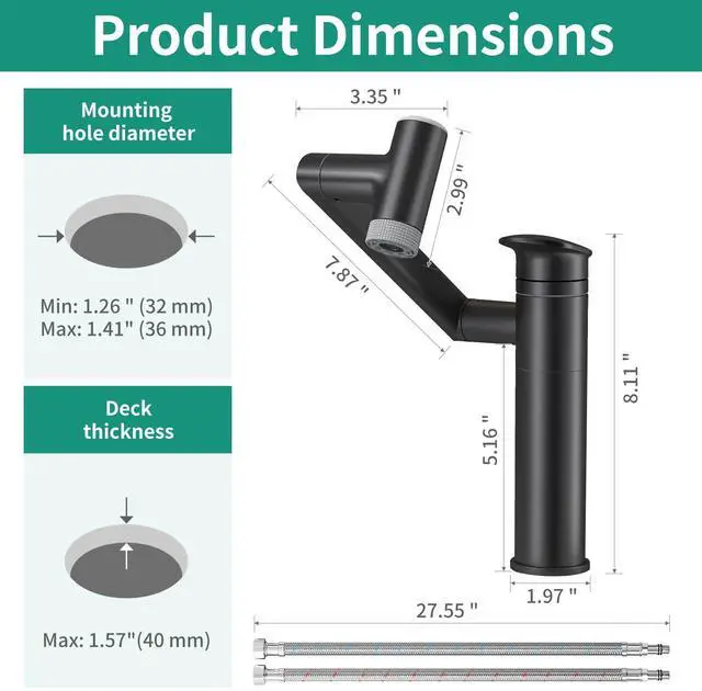Alt view image 5 of 7 - Modern Bathroom Faucet 1 Hole with Temperature Display(Batteries-Free), 1080° Rotatable Single Hole Bathroom Faucet, Single Handle Bathroom Vanity Faucets, 2 Spray Modes (Matte Black)