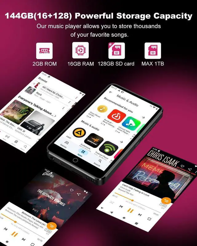 Alt view image 3 of 7 - 144GB MP3 Player with Bluetooth and WiFi,  4" HD Full Touch Screen MP3 Player with Spotify, Amazon Music,YouTube,Pandora,Libby,Android MP4 Music Player for Kids