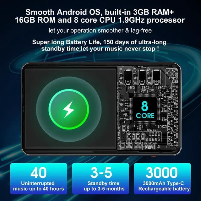 Alt view image 4 of 5 - 144GB MP3 Player with Bluetooth and WiFi, 4" HD Full-Color Touch Screen MP4 Music Player with Spotify, Amazon Music,YouTube,Pandora, Libby, Android Mainstream Media MP3 Player for Kids, Black