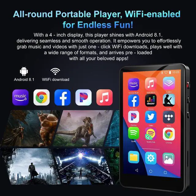 Alt view image 2 of 7 - 144GB MP3 Player with Bluetooth and WiFi, 4IN HD Full Touch Screen MP3 & MP4 Music Player with Spotify, Libby, Amazon Music,YouTube,Tiktok, E-Book, MP4 Player for Kids Up to1TB