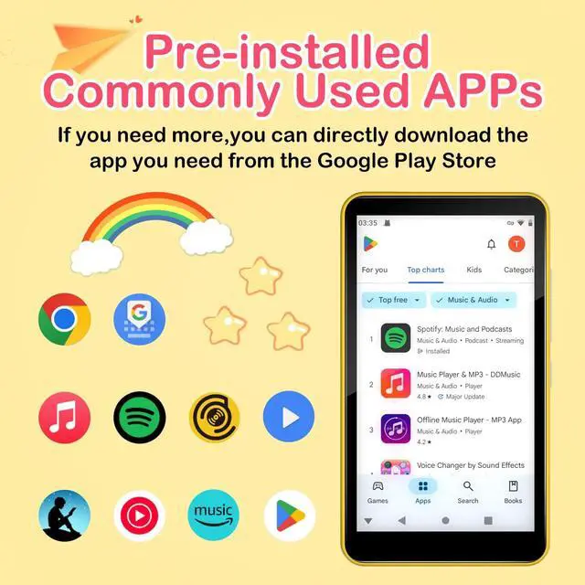 Alt view image 3 of 7 - 96GB Android MP3 Player for Kids with Bluetooth and WiFi - 4" Touch Screen,Streaming Music&Video Player with Spotify&Google Play Store,FM Radio,Parental Control | MP4 Player (Yellow)