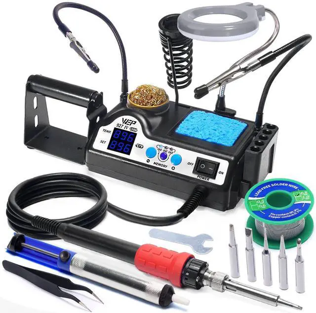 Main image of 927-IV Soldering Station Kit High-Power 110W with 3 Preset Channels, Sleep Mode, LED Magnifier, 5 Extra Iron Tips, Tip Cleaner, 2 Helping Hands, Tip Storage Slots, Lead-free Solder Wire, Tweezers