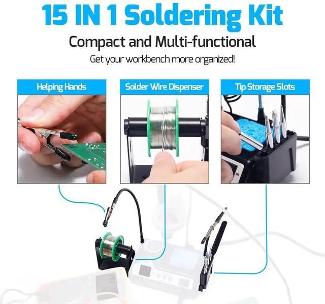 Alt view image 5 of 7 - 927-IV Soldering Station Kit High-Power 110W with 3 Preset Channels, Sleep Mode, LED Magnifier, 5 Extra Iron Tips, Tip Cleaner, 2 Helping Hands, Tip Storage Slots, Lead-free Solder Wire, Tweezers