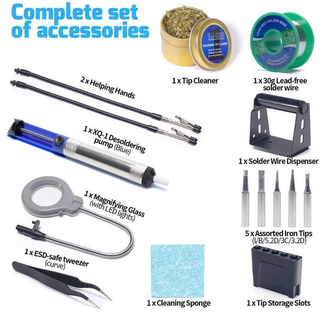 Alt view image 7 of 7 - 927-IV Soldering Station Kit High-Power 110W with 3 Preset Channels, Sleep Mode, LED Magnifier, 5 Extra Iron Tips, Tip Cleaner, 2 Helping Hands, Tip Storage Slots, Lead-free Solder Wire, Tweezers
