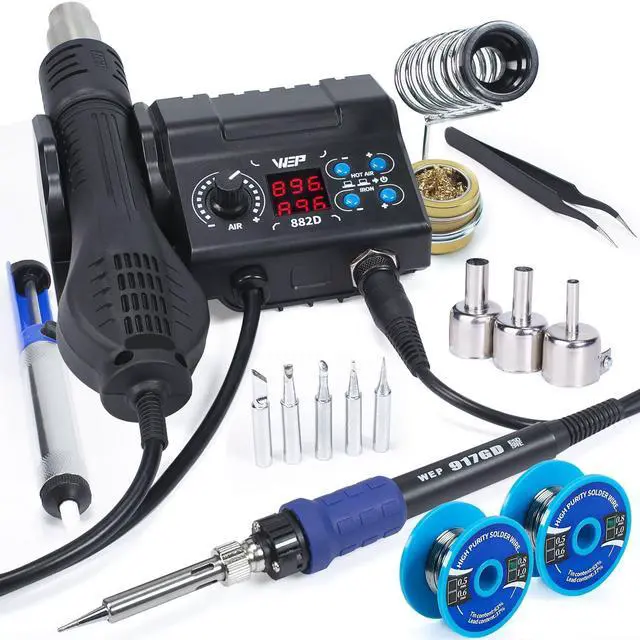 Main image of Soldering Iron Station 2-IN-1 SMD Hot Air Rework Station with 2 Spools of Solder Wire, 5 Soldering Tips, 3 Hot Air Nozzles, Brass Wool Tip Cleaner, Tweezers, Desoldering pump