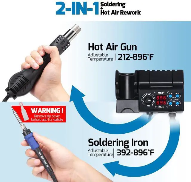 Alt view image 2 of 6 - Soldering Iron Station 2-IN-1 SMD Hot Air Rework Station with 2 Spools of Solder Wire, 5 Soldering Tips, 3 Hot Air Nozzles, Brass Wool Tip Cleaner, Tweezers, Desoldering pump