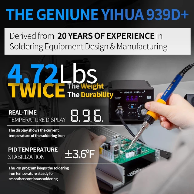 Alt view image 2 of 7 - 939D+ Digital Soldering Station, 75W Equivalent with Precision Heat Control (392°F to 896°F) and Built-in Transformer. ESD Safe, Lead Free with °C/°F display (Black)