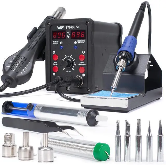 Main image of WEP 8786D-I SE Hot Air Soldering Iron Station Kit 2-IN-1 for Rework, Desoldering with Lead-Free Solder Wire, 5 Soldering Tips, 3 Hot Air Nozzles,Tweezers, Desoldering Pump