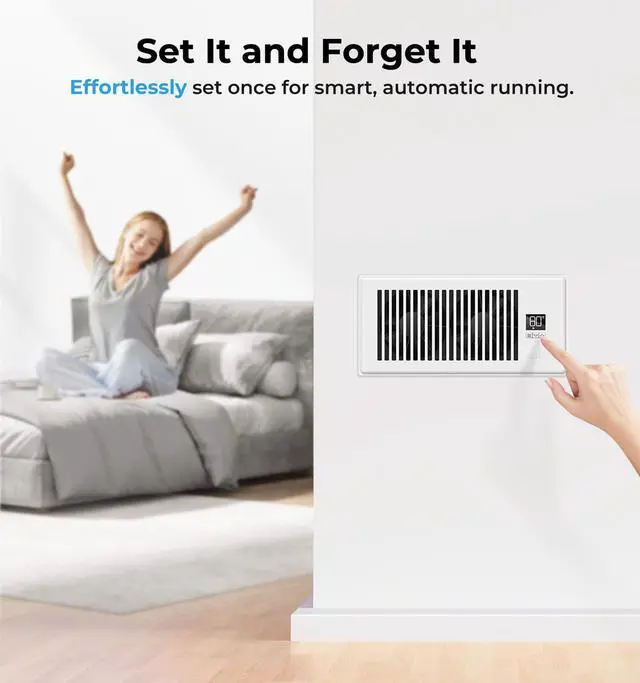 Alt view image 6 of 7 - Quiet Register Booster Fan Fits 4" x 10" (DUCT OPENING CUTOUT), 10-Speed Smart Heating Cooling AC Vent Booster Fan w/Remote Control & Thermostat Control (Vertical Grille - White) - Corded