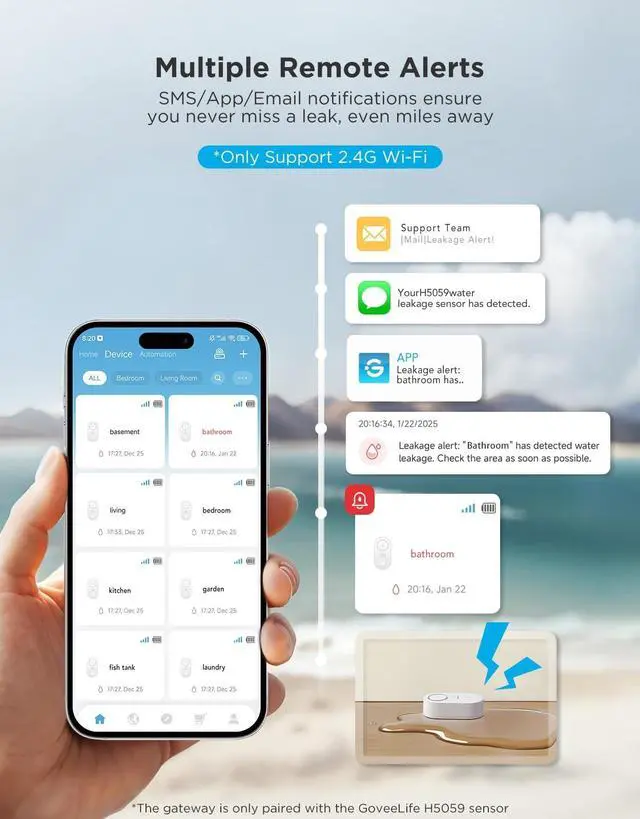 Alt view image 2 of 7 - Upgraded Smart Water Leak Detector 1s with 1804ft Ultra-Long Range, WiFi Water Sensor with SMS/Email/APP Push and Sound Alarm,5-Year Battery Life, 5 Pack, Suit for Home, Basement, Kitchen