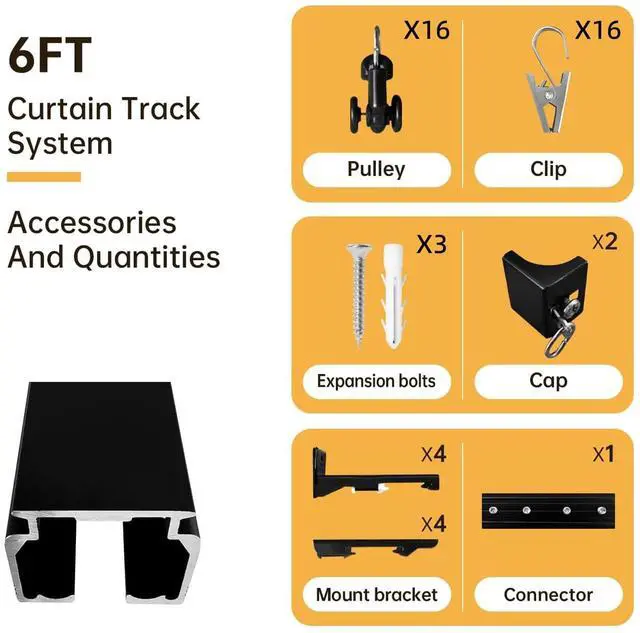 Alt view image 6 of 6 - Ceiling Curtain Track Ceiling and Wall Mounted Heavy-Duty Curtains Rails Room Divider Curtains Shower RV Tracks Ceiling Sliding Curtain Rods With Clips,Black 6ft.