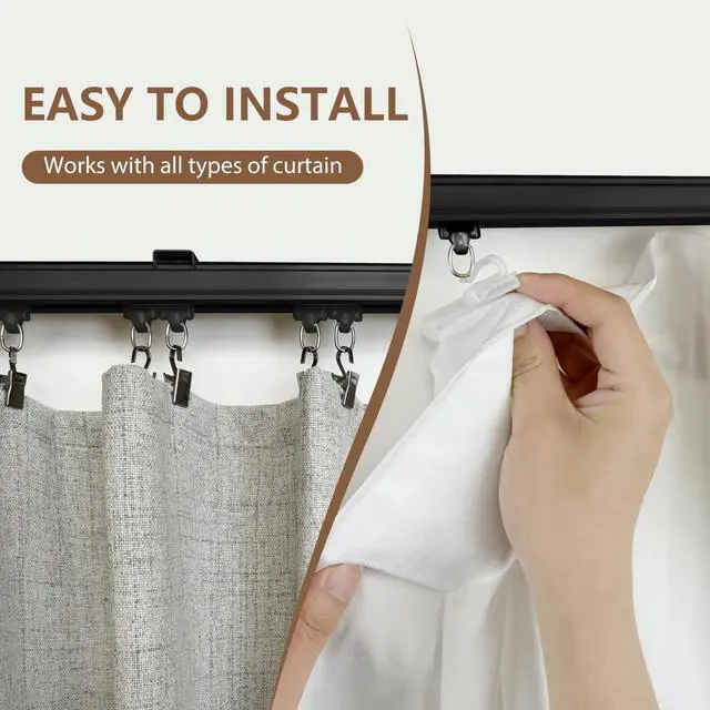 Alt view image 4 of 6 - Ceiling Curtain Track Ceiling and Wall Mounted Heavy-Duty Curtains Rails Room Divider Curtains Shower RV Tracks Ceiling Sliding Curtain Rods With Clips,Black 6ft.