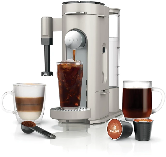 Main image of Pod and Grounds Coffee Maker, K-Cup Compatible, Stone, PB051ST | Brews, Compact Design, Built-in Milk Frother, 56 Ounces Reservoir, 6 Ounces Cup to 24 Ounces Mug Sizes