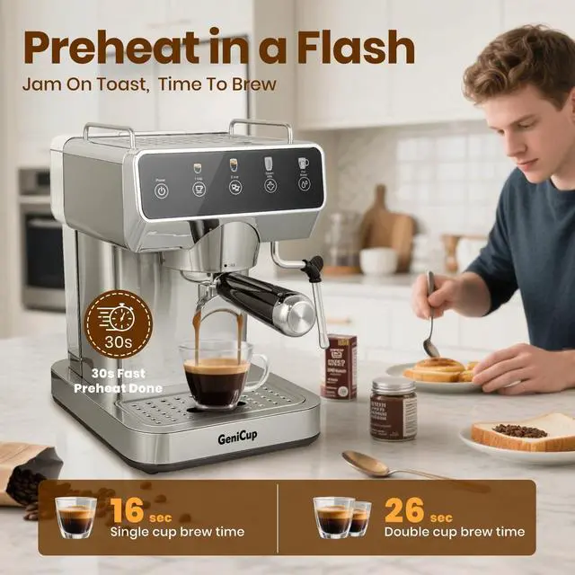Alt view image 3 of 7 - Expresso Coffee Machines with Touchscreen 20 Bar Professional Espresso Maker with Milk Frother & Hot Water, Stainless Steel Coffee Maker for Latte Americano, Cappuccino Machine for Home Office