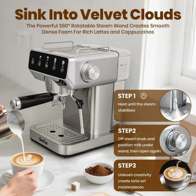 Alt view image 5 of 7 - Expresso Coffee Machines with Touchscreen 20 Bar Professional Espresso Maker with Milk Frother & Hot Water, Stainless Steel Coffee Maker for Latte Americano, Cappuccino Machine for Home Office