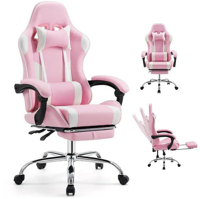 Main image of Ergonomic Gaming Office Desk Chair with Footrest and Headrest for Adults, PU Leather Video Computer Chair with Linkage Armrests, Height Adjustable 360° Swivel Recling Chair, White Pink