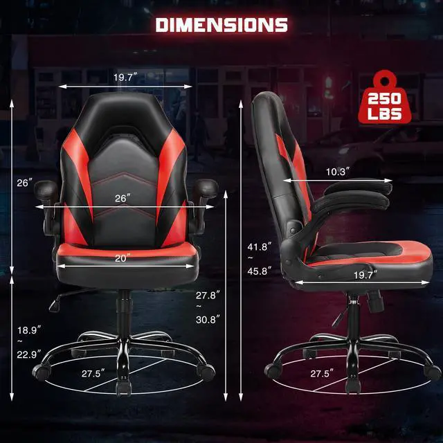 Alt view image 2 of 7 - DUMOS Ergonomic Computer Gaming Chair with Flip-up Armrest, Height Adjustable PU Leather Home Office Desk Chair with Lumbar Support Swivel Wheels and for Adults and Kids, Scarlet Red