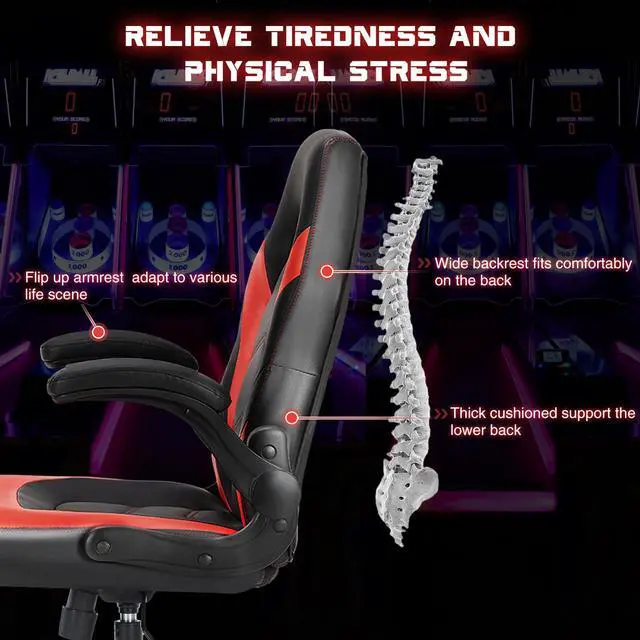 Alt view image 3 of 7 - DUMOS Ergonomic Computer Gaming Chair with Flip-up Armrest, Height Adjustable PU Leather Home Office Desk Chair with Lumbar Support Swivel Wheels and for Adults and Kids, Scarlet Red