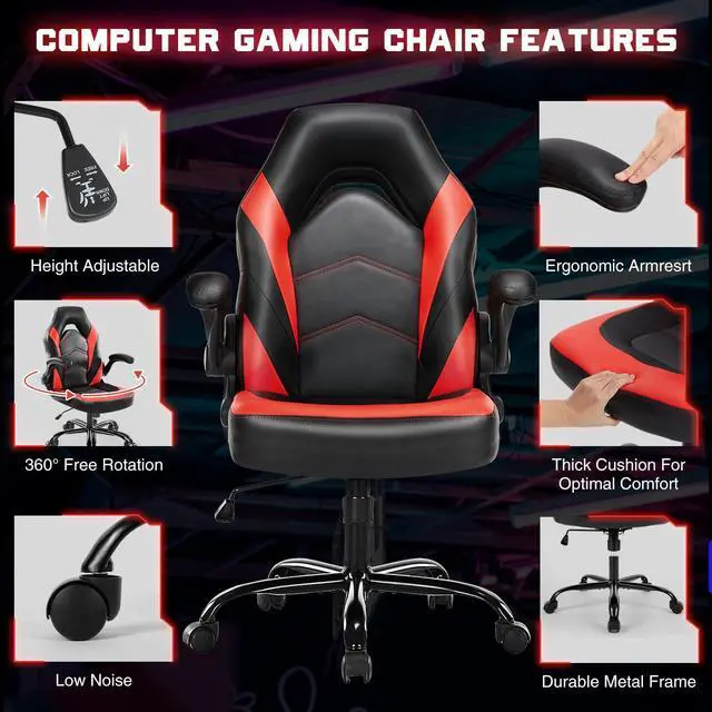 Alt view image 6 of 7 - DUMOS Ergonomic Computer Gaming Chair with Flip-up Armrest, Height Adjustable PU Leather Home Office Desk Chair with Lumbar Support Swivel Wheels and for Adults and Kids, Scarlet Red