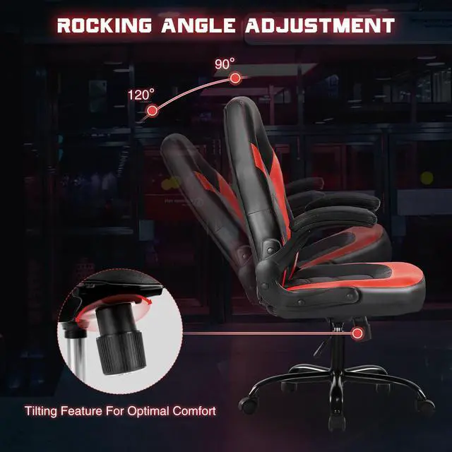 Alt view image 5 of 7 - DUMOS Ergonomic Computer Gaming Chair with Flip-up Armrest, Height Adjustable PU Leather Home Office Desk Chair with Lumbar Support Swivel Wheels and for Adults and Kids, Scarlet Red