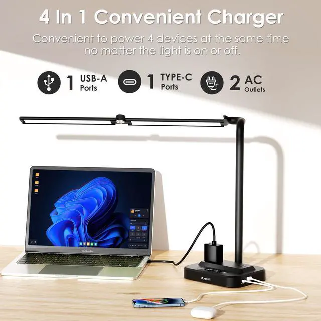 Alt view image 2 of 7 - LED Desk Lamp with USB Charging Port: Eye-Care Technology - 1 Type-C, 1 USB-A Charging Port, 2 AC Power Outlets, Desk Lamps for Home Office, Study, Bedroom