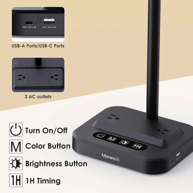 Alt view image 5 of 7 - LED Desk Lamp with USB Charging Port: Eye-Care Technology - 1 Type-C, 1 USB-A Charging Port, 2 AC Power Outlets, Desk Lamps for Home Office, Study, Bedroom