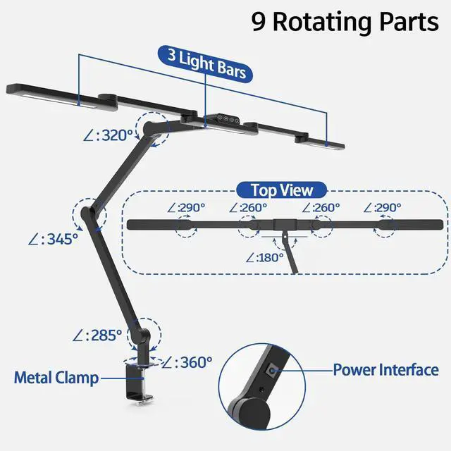 Alt view image 3 of 6 - LED Desk Lamp with Clamp, 41.5" Clamp on Architect Desk Lamp for Home Office, 24W Bright Tall Computer LED Table Light Adjustable Overhead Clip on Office Lighting for Work Craft