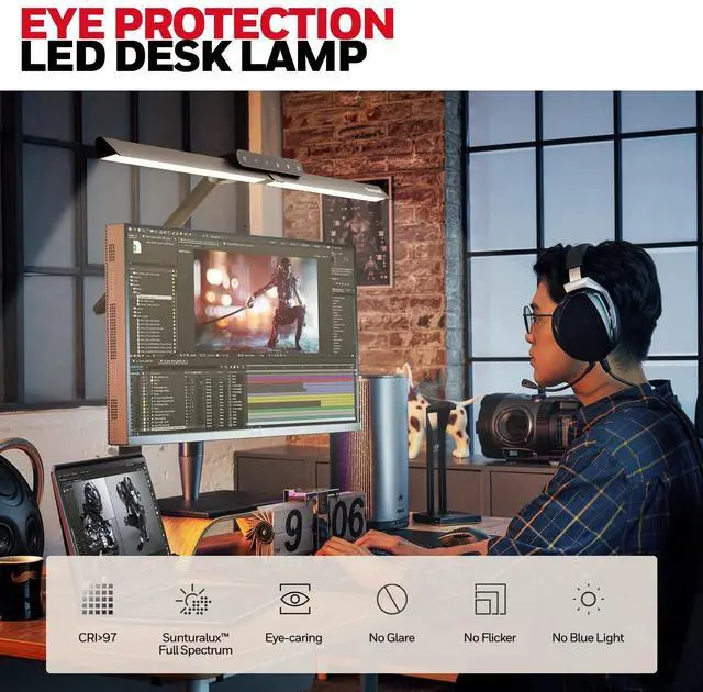 Alt view image 2 of 7 - LED Desk Lamp with Clamp - HJ1 Sunturalux Eye-Caring Clip on Lights for Home Office, 1200LM Clamp Lamp 4 Color Modes Stepless Dimming Task Desk Light for Working Black