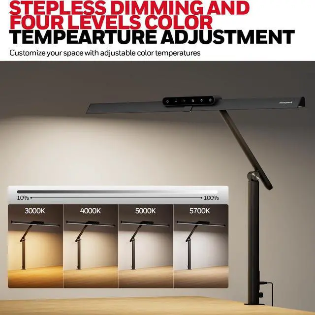 Alt view image 4 of 7 - LED Desk Lamp with Clamp - HJ1 Sunturalux Eye-Caring Clip on Lights for Home Office, 1200LM Clamp Lamp 4 Color Modes Stepless Dimming Task Desk Light for Working Black