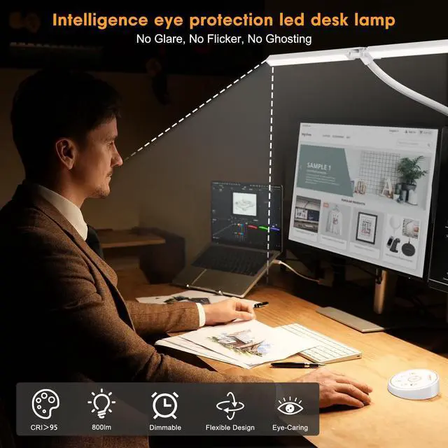 Alt view image 4 of 6 - Led Desk Lamp for Office Home - Eye Caring Architect lamp with Clamp,Dual Screen Computer Monitor Gooseneck Smart Light: 24W 5 Color Flexible Adjustable Lighting Table Lamp for Study White