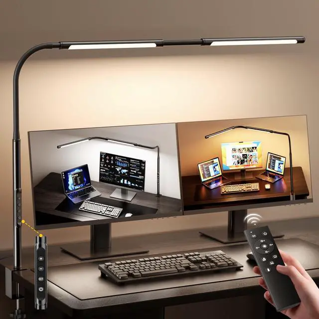 Main image of LED Desk Lamp for Home Office, Eye-Caring Desk Light with Adjustable Gooseneck, Dual Screen Computer Monitor Light with Stepless Dimming, Stepless Color Temp, Memory Function for Study, Workbench