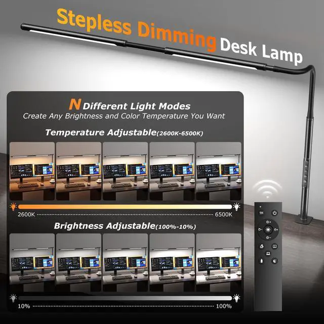 Alt view image 2 of 7 - LED Desk Lamp for Home Office, Eye-Caring Desk Light with Adjustable Gooseneck, Dual Screen Computer Monitor Light with Stepless Dimming, Stepless Color Temp, Memory Function for Study, Workbench